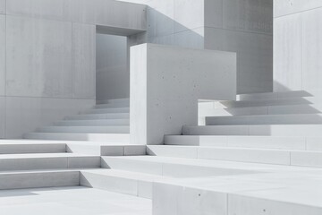 Structures show a blend of steps and blocks made from concrete with sharp edges. The scene captures the geometry of the design in natural light, enhancing the shapes
