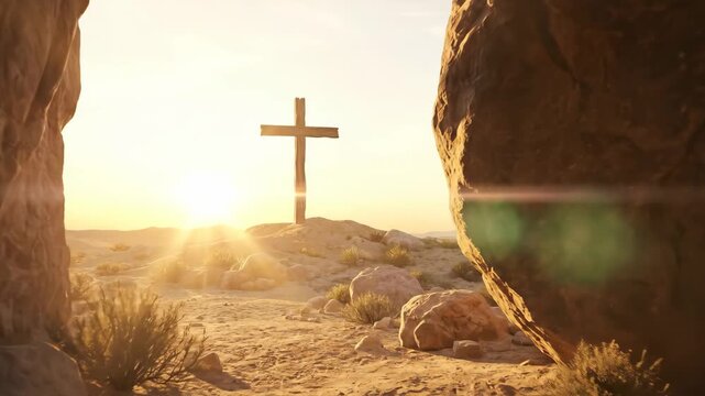 Cave entrance reveals Christian cross illuminated on hill at sunrise. Rocky landscape and soft light, emphasizing transition from darkness to light in spiritual context. Resurrection Of Jesus Christ