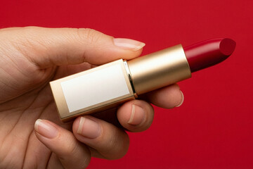 Hand holding gold lipstick tube with blank label on red background