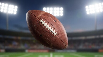 American football spiraling in the air under bright stadium lights
