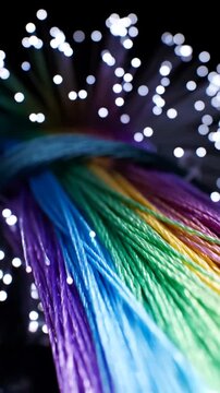 Vibrant Fiber Optic Cables Illuminating in a Dark Environment, High-Speed Data Transmission.