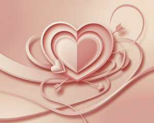 Layered pink 3D heart with Cupid arrows and ribbon background