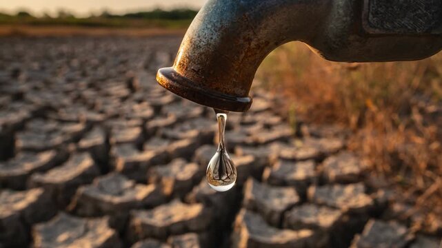 Water scarcity management concept with rusty faucet dripping single drop of water over cracked dry earth, highlighting drought, environmental crisis, and arid rural area concerns