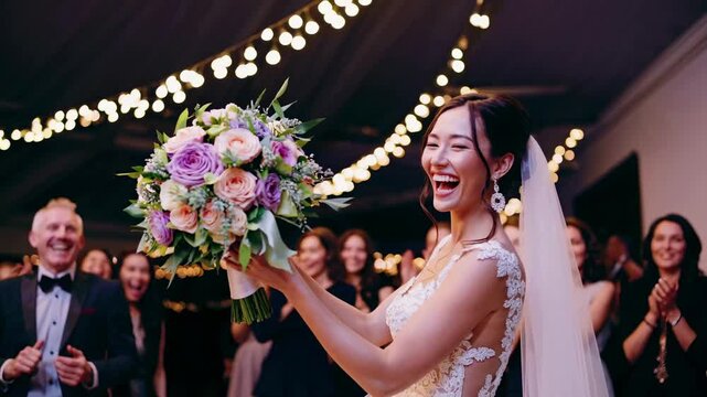 Bride in elegant gown tosses bouquet at a wedding reception. Captured from a side angle, the festive atmosphere resembles a joyful celebration video.