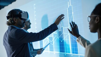Business professionals engage with virtual data displays using VR technology, analyzing graphs and statistics in a modern workspace.