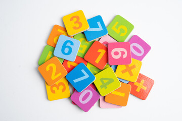 Number wood block cubes for learning Mathematic, education math.