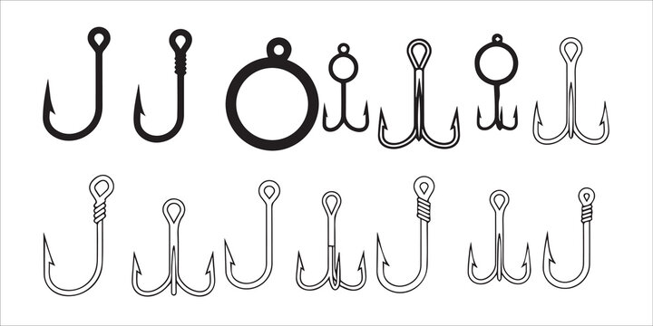 Fishing Hook Icons Vector Set - Single, Double, and Treble Fish Hook Illustrations