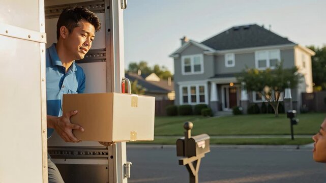 Professional Asian mover kneeling in a truck lifting a cardboard box from a colleague. Delivery worker in a blue uniform loading cargo during a residential move. Relocation and logistics concept