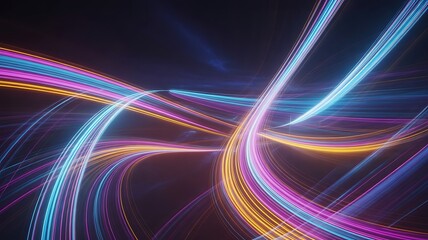 Vibrant neon light trails create a dynamic and futuristic abstract background with swirling patterns