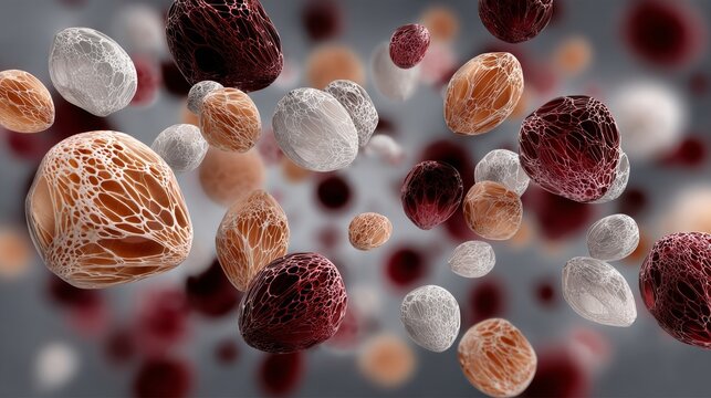 Microscopic view of nucleoplasm showcasing a vibrant array of organic molecules and proteins in various shapes and colors, illuminated with softbox studio lighting for enhanced detail and clarity