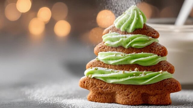Gingerbread Delight: A festive gingerbread cookie shaped like a Christmas tree, adorned with vibrant green frosting and delicate sprinkles, captures the warmth and joy of the holiday season.