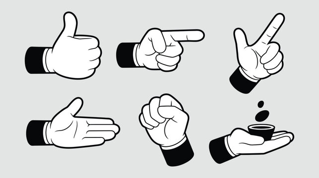 Cartoon hands vector, six white glove hand gestures including thumbs up, pointing, open palm, and fist, isolated, comic-style illustration, expressive vector graphics for creative and digital design.