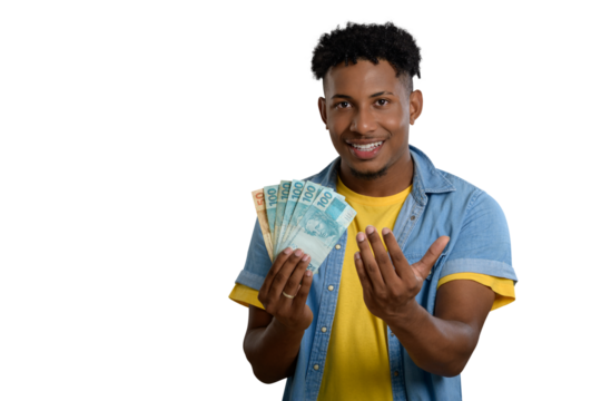 Smiling young man holding Brazilian reais and inviting - Powered by Adobe