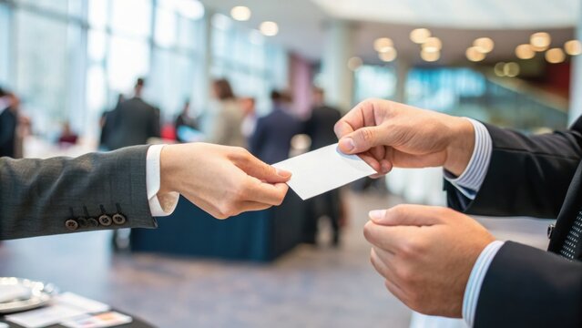 Hands exchanging a business card in a professional setting, symbolizing networking and business connections. - Powered by Adobe