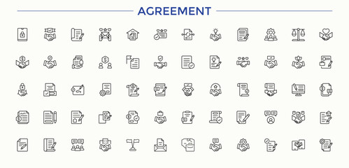 Agreement linear icon collection. Modern thin line style icons. Featuring check, consensus, approval, settlement, team, deal. Editable stroke collections. Consensus vector icon set.