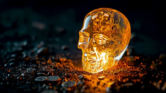 Golden metallic skull sculpture glowing in dark cinematic setting with dramatic lighting creating luxurious atmosphere and striking visual focus