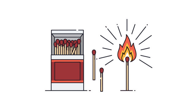 Graphic illustration of a matchbox with multiple matches and one individual match burning with a bright flame.