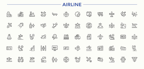 Airline line icon set. Minimal icons collection. Air Bus icon set. Includes thin line symbols air, air bus, transport, airport, ticket and more.
