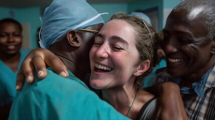 A heartwarming embrace between healthcare workers at hospital after successful surgery . Capturing moments of togetherness in the operating room.