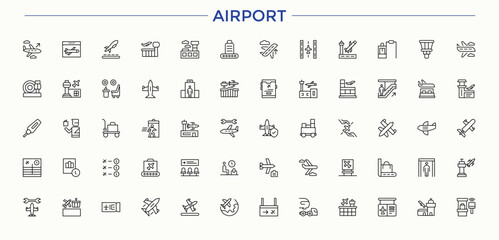 Airport line icon set. Minimalist icons pack. Contains outline symbols like ticket, travel, flight, transport, airplane, plane. Pictogram and infographic. Flight icon collection. © Rubbble