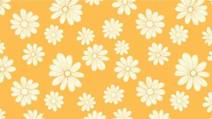 Seamless floral pattern featuring various sizes of white daisies scattered over a bright yellow background for a summery feel.