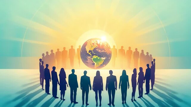 Global unity concept with diverse business people standing in circle around illuminated Earth under radiant light showing cooperation and shared vision