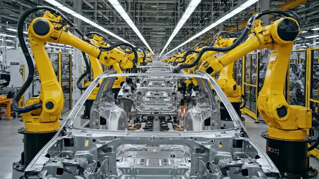 A robotic production line at an automobile plant. Robotic arms assemble and weld car bodies
