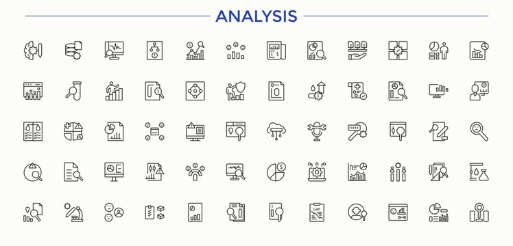 Analysis linear icon collection. Project vector icon set. Icons for UI designs. Pictograms of strategy, task, achieve, implementation and more. Editable stroke collections.