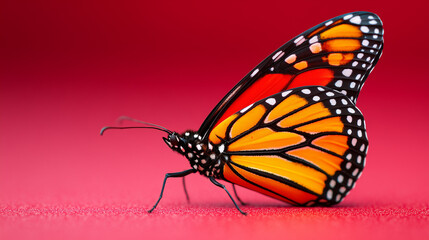 Naklejka premium Close-up Macro Photography of a Monarch Butterfly Wing's Scales on Crimson