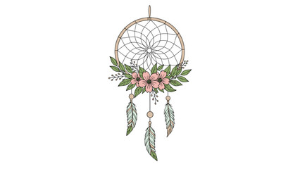 Obraz premium Beautiful hand drawn dreamcatcher decorated with pink flowers and green leaves hanging with soft feathers in a bohemian style.