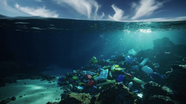 Plastic waste accumulating on seabed beneath calm ocean surface. Environmental pollution and marine conservation concept. Panning and tilting camera movement.