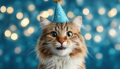 A Fluffy Cat Wearing a Party Hat Against a Bokeh Background for Festive Decor and Social Media Content