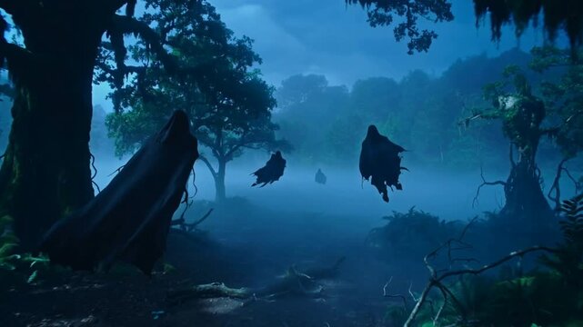 Supernatural entities gliding through dense woodland fog. Hooded spirits moving across mossy forest floor during night.