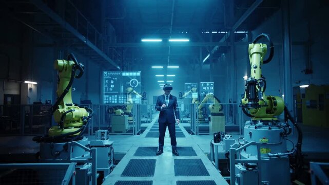 Industrial manufacturing specialist managing automated production line via VR interface. High-tech smart factory floor with yellow robotic arms and digital overlays.