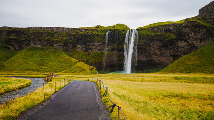 View of majestic Seljalandsfoss waterfall in Iceland, where powerful cascades of crystal-clear water plunge from towering cliffs into a misty pool below. © Rajesh