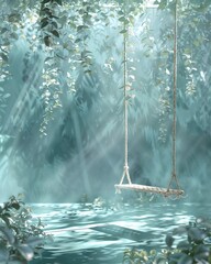 Enchanted forest swing with woven seat surrounded by misty foliage  