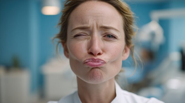 Femme exprimant une grimace de d&eacute;go&ucirc;t ou m&eacute;contentement en milieu m&eacute;dical