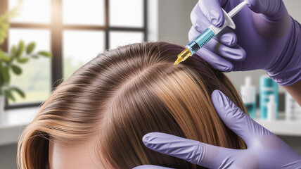 Professional scalp treatment with syringe injection to stimulate hair growth and revitalize follicles. Close-up of medical procedure for hair loss therapy and improved hair density