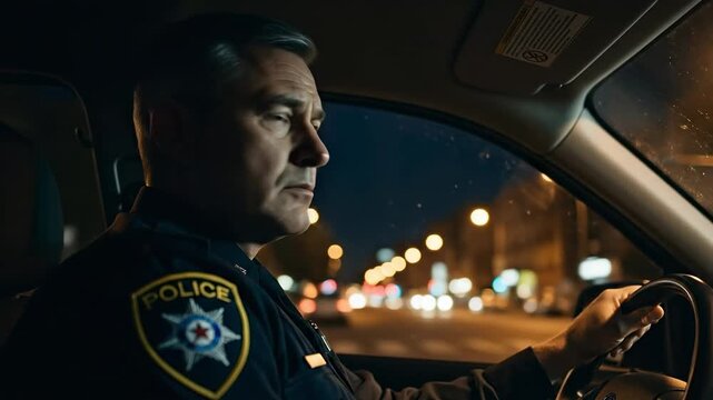 Nighttime Patrol Officer Driving in City Vehicle for Law Enforcement Duties
