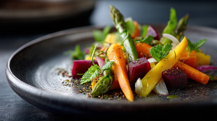 Geometric Arrangement of Roasted Purple Beet, Orange Carrot, and Green Asparagus on Charcoal Stoneware Plate