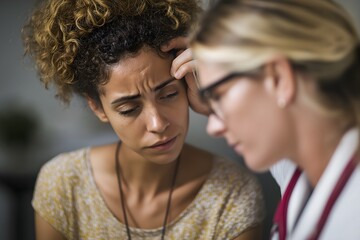 A compassionate healthcare provider offers a comforting presence to a patient who appears to be in distress, creating a scene of empathy and support. 