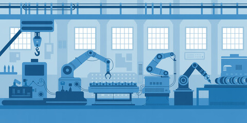 Industrial automated factory production line illustration with robotic arms and machinery. Modern flat vector design showcasing advanced manufacturing technology