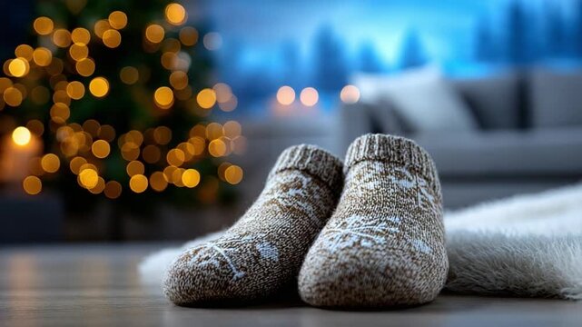 Cozy Christmas: A pair of warm, patterned socks rests invitingly on a wooden floor in front of a softly lit Christmas tree, evoking the spirit of holiday comfort and joy.