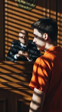 Courtroom Scene with Orange Jumpsuit: Young Male Defendant Facing Judge in Criminal Justice Setting