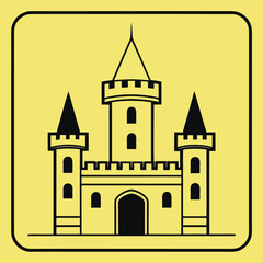 Fototapeta premium Simple of Yellow Castle with Three Towers and Arched Door black outlines battlements