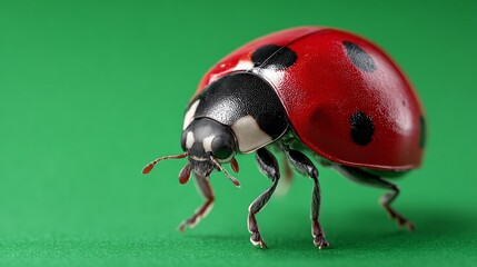 Fototapeta premium Ladybug with vibrant red shell and black spots, captured in ultra-photorealistic detail against a bright green background, showcasing its intricate features and textures with copy space