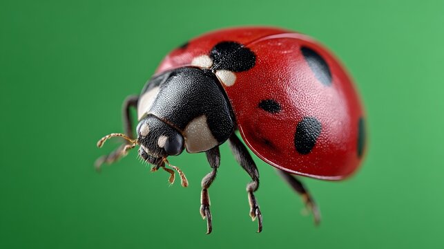 Ladybug flying against a vibrant green screen background, showcasing its bright red shell with black spots, captured in ultra-photorealistic detail with sharp focus and studio lighting