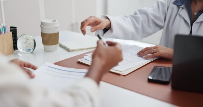 Patient, hands and doctor with documents for signature, medical application or insurance policy. Closeup, client and sign with healthcare worker, paperwork or survey for registration or consent form