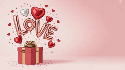 Obraz premium 3D love typography with red heart balloons and gift box, romantic valentine day banners background