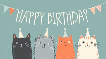 Cute Cats Wearing Party Hats with Happy Birthday Banner on Teal Background